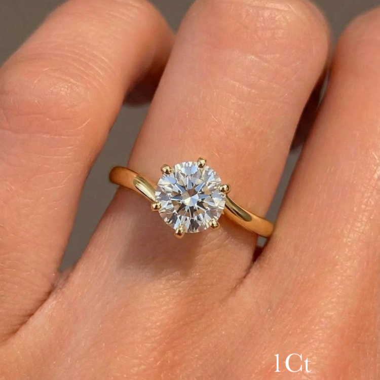 1Ct Round Solitaire Engagement Ring , Gold with 6 Prongs