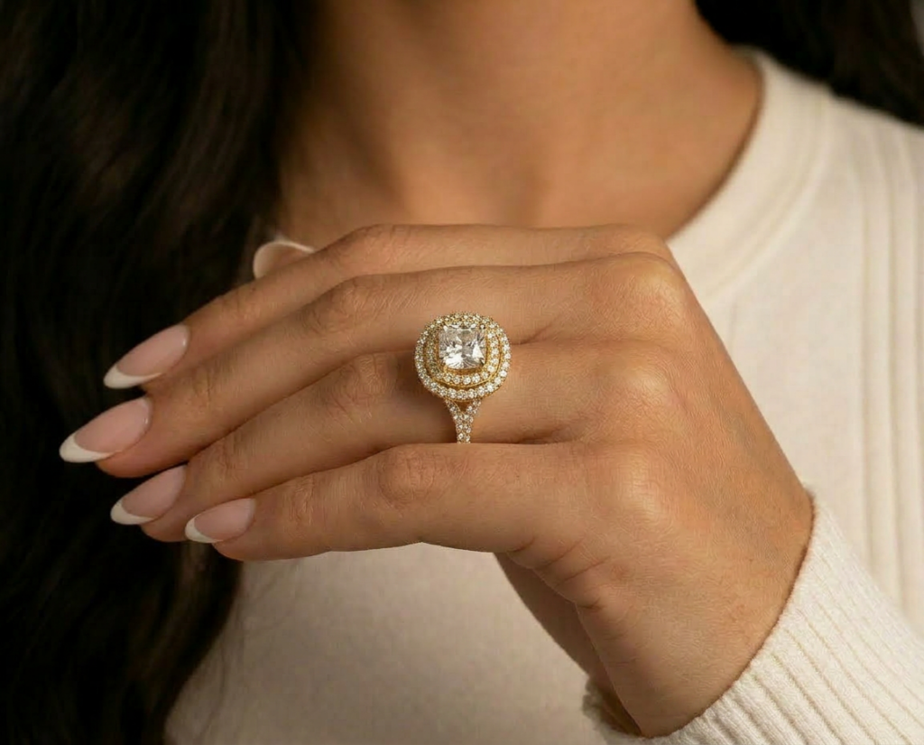 Double Halo Diamond Ring in Gold