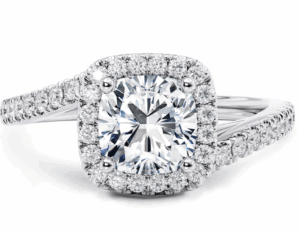 1Ct Diamond Engagement ring with offset shoulders and set with 36 smaller round diamonds