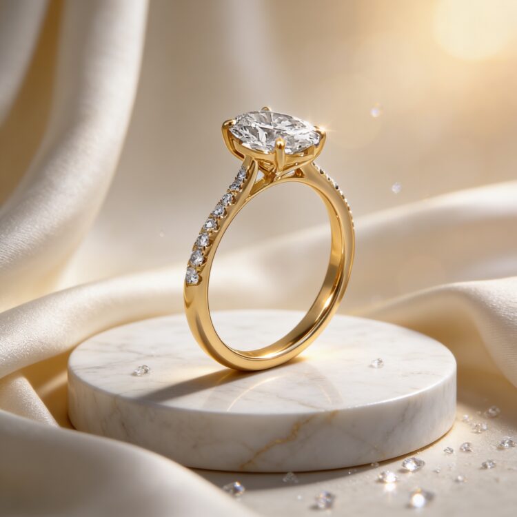 Shoulder Set Oval Diamond Engagement Ring.