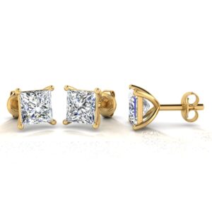 Gold & Princess Cut Diamond Solitaire Earrings 1Ct Certified.