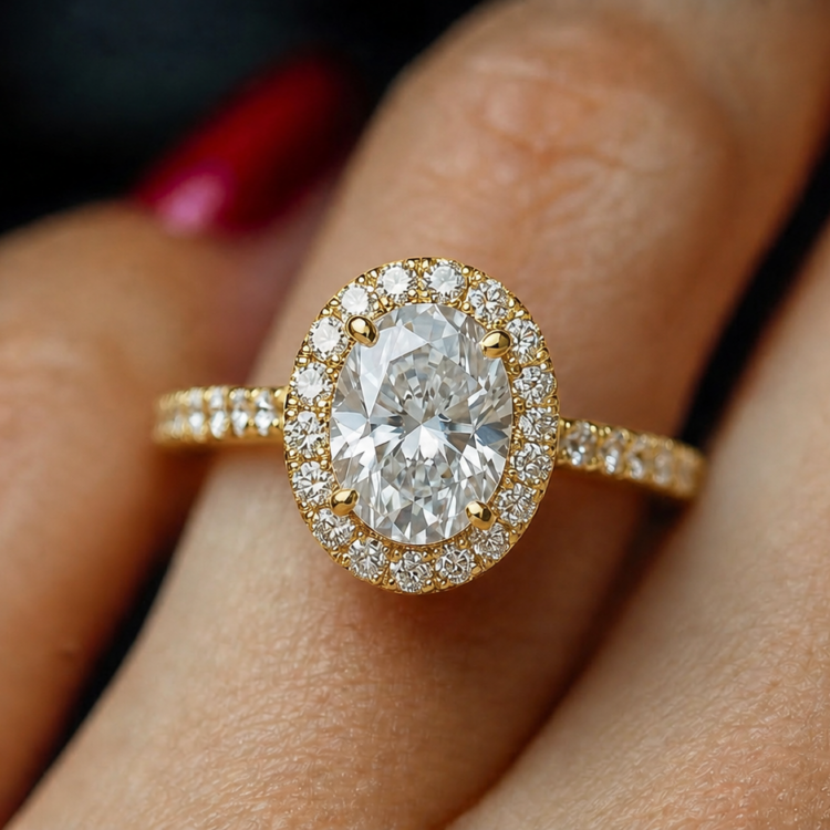 1.5Ct Oval shaped Halo engagement ring, gold