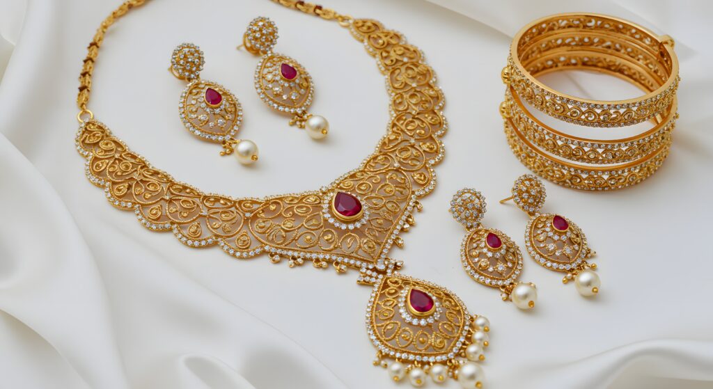 Hispek Diamonds. 22K Gold Jewellery Set Displayed on White Fabric