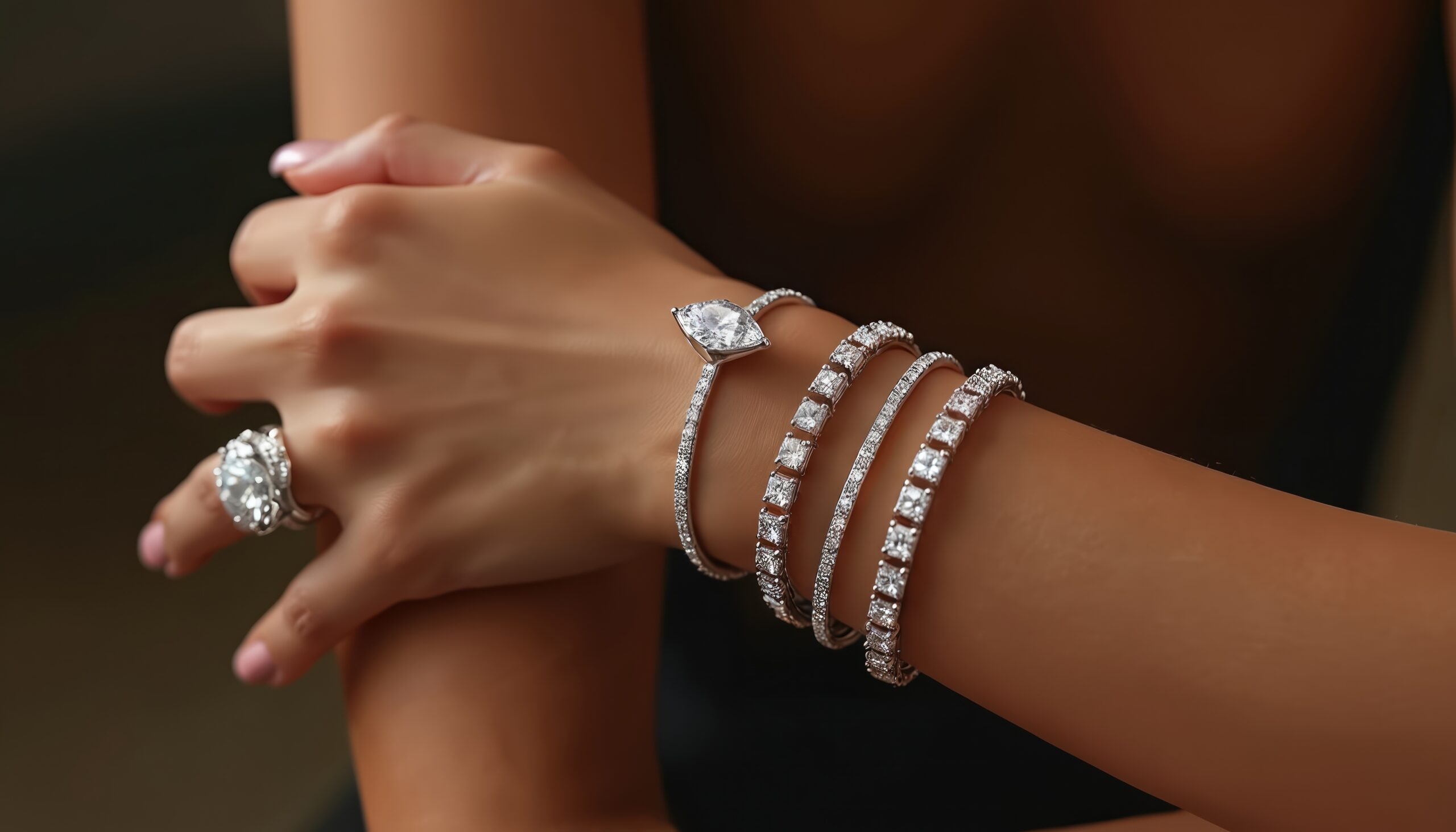 Close up of woman wrist with luxury tennis bracelets and sparkling diamond ring. Elegant jewelry set against luxurious indoor background. Stylish fashion wrist adornment, wealth symbol.