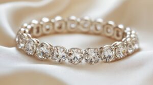 Diamond bracelet stretched across soft ivory velvet background with subtle shadows