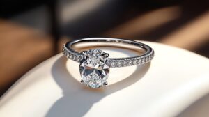 Oval solitaire ring with pave detailing on a sleek white surface