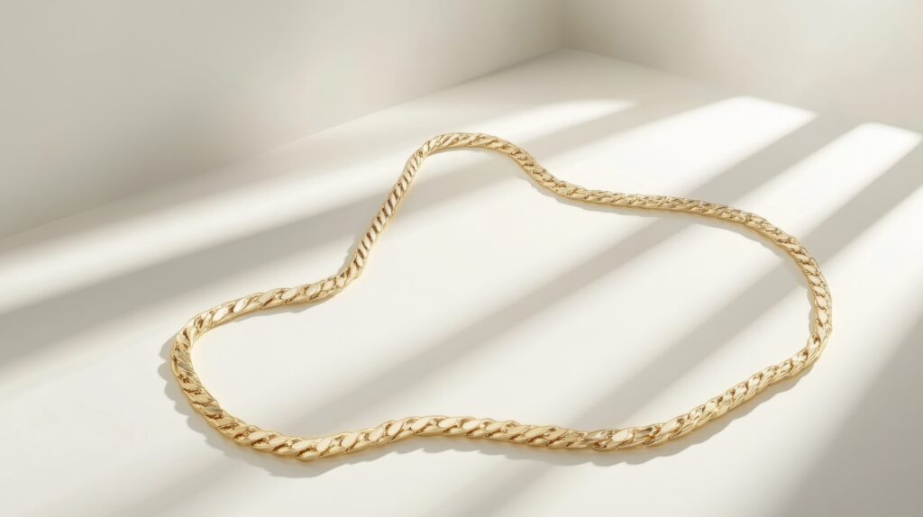 Hispek Diamonds. High end gold box chain necklace, displayed in a gentle curve on a white backdrop