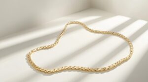 High end gold box chain necklace, displayed in a gentle curve on a white backdrop