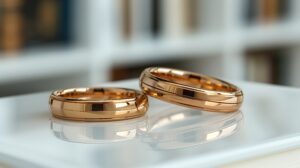 Golden Wedding Rings on white reflective background. 3D Rendering