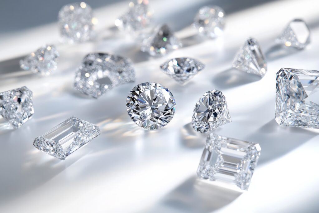 variety of ethical lab grown diamonds in different cuts and sizes, arranged on a sleek, modern surface of blue velvet , showcasing their versatility, minimal royal gray background with copy space