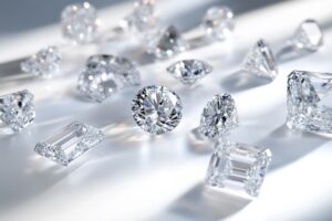 Engagement Ring Buying Guide.variety of ethical lab grown diamonds in different cuts and sizes, arranged on a sleek, modern surface of blue velvet , showcasing their versatility, minimal royal grey background with copy space