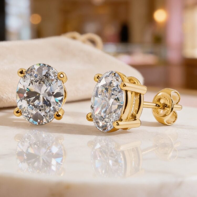 Gold & Oval Cut Diamond Solitaire Earrings