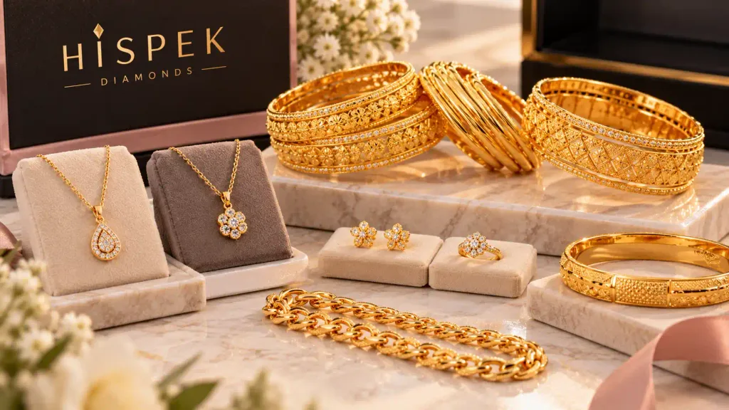 Collection of 22K gold jewellery featuring traditional Indian gold bangle sets